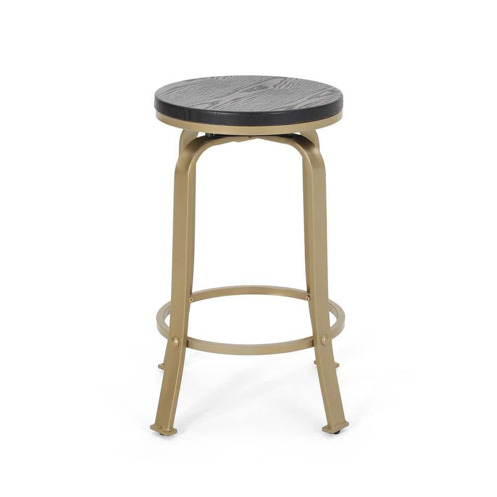 Noble House Salome Modern Industrial Faux Wood Overlay Swiveling Counter Stool, Set of 2, Black and Brass