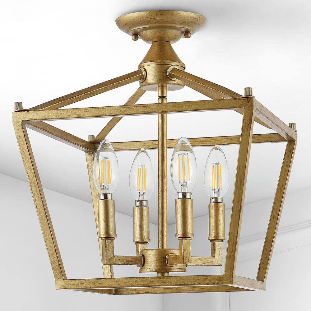 Plains Mini Lantern 12 in. 4-Light Brass Gold Iron Modern Farmhouse LED Flush Mount,