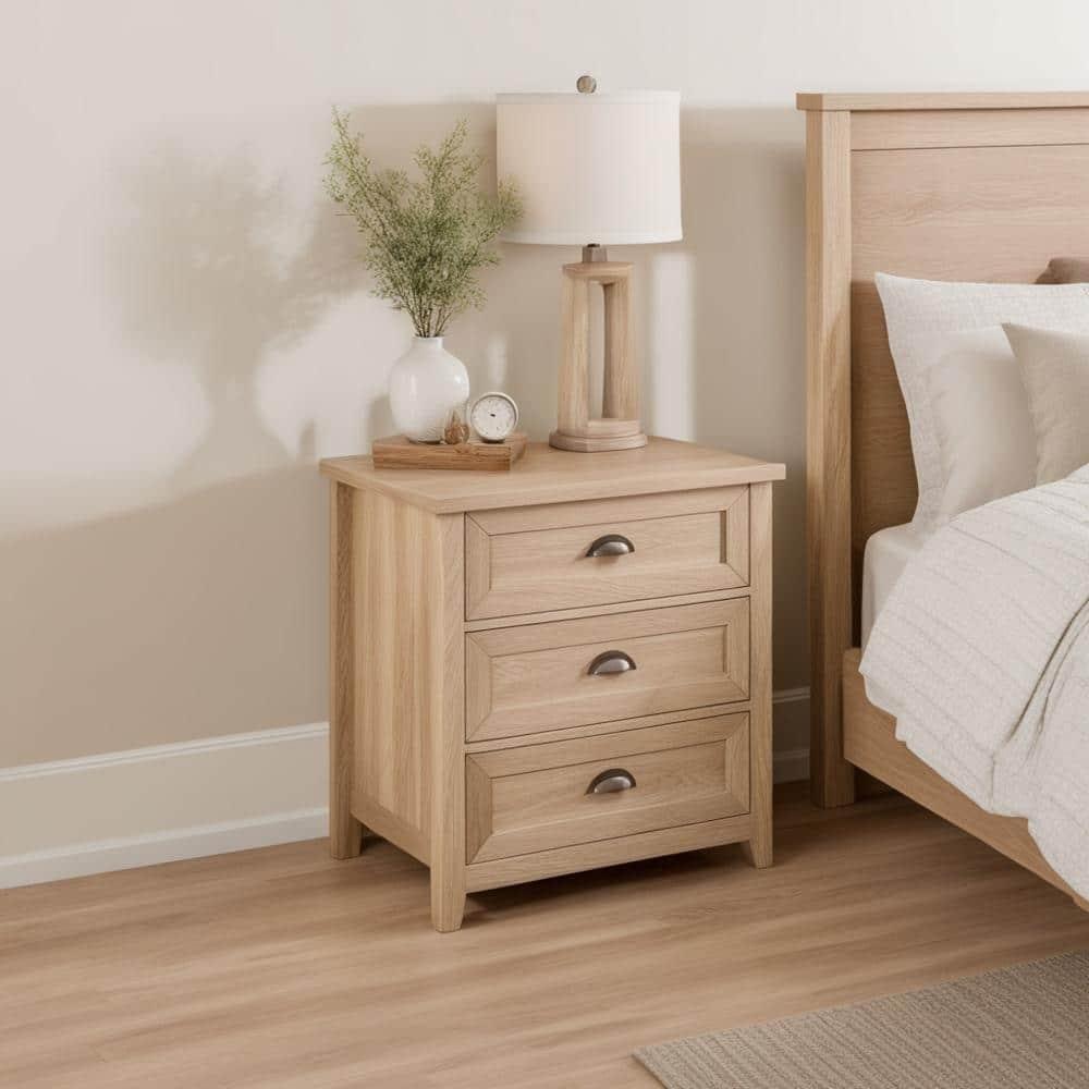 Fontella Transitional 3 Drawer Nightstand White Oak - Saracina Home: Farmhouse Style, MDF, Storage Solution