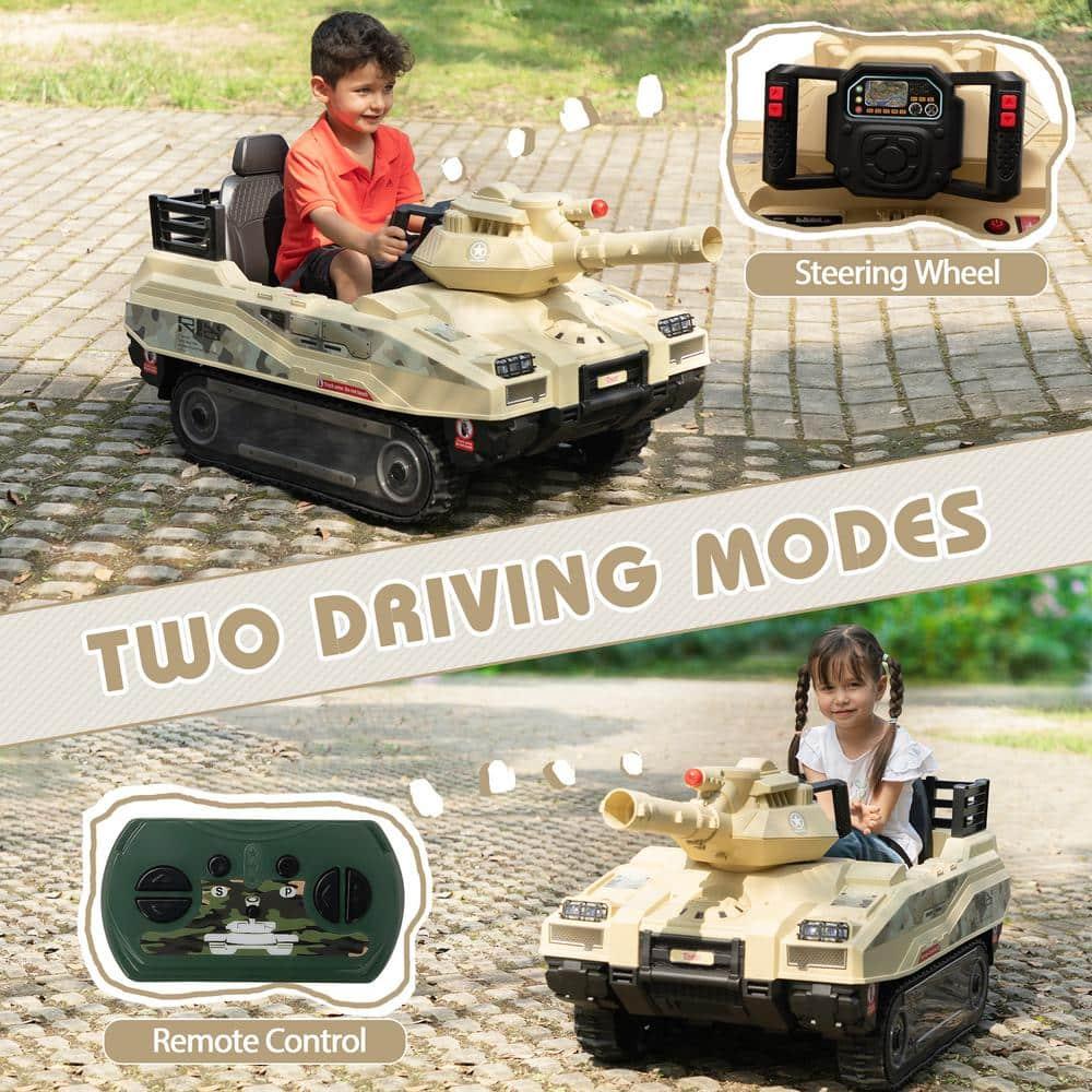Jaxpety 24 V Kids Ride on Tank Car with Working Cannon and Rotating Turret for Boys and Girls Ages 3-8 Years, Yellow