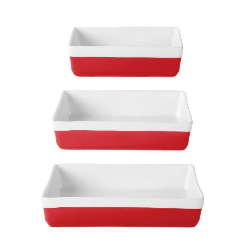 3-Piece Rectangular Stoneware Nesting Baker Set in Red