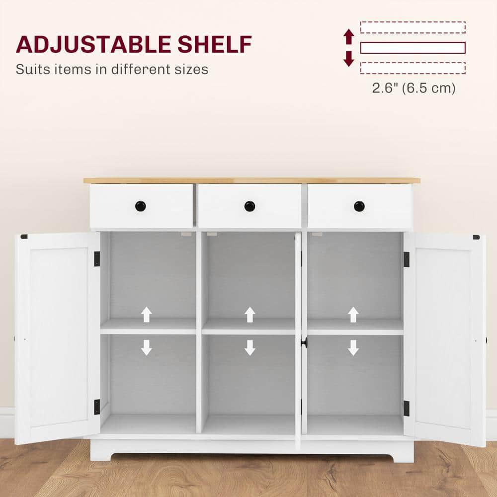 HOMCOM Kitchen Storage Cabinet, Sideboard Floor Cupboard with Solid Wood Top, Adjustable Shelf, and 3 Drawers for Living Room, Distressed White