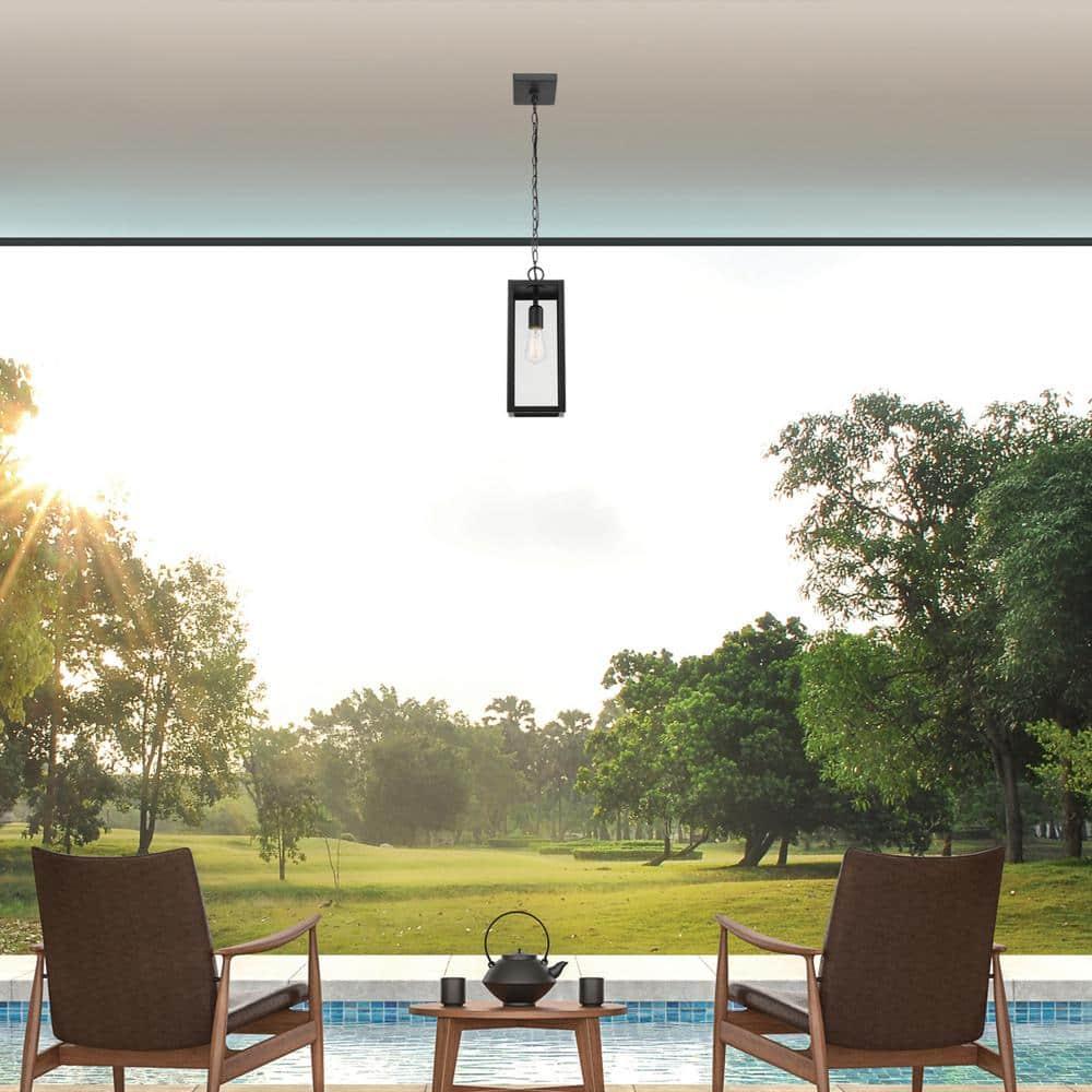 1-Light Matte Black Outdoor Pendant Lighting with Clear Glass Shade
