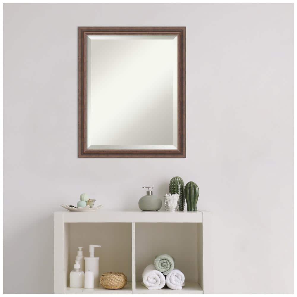 Amanti Art Distressed Rustic Brown Beveled Wood Bathroom Wall Mirror 22.5 x 18.5 in.