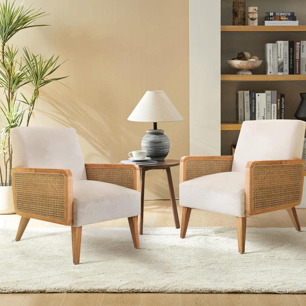 Midcentury Accent Chair Set of 2 Rattan Armrests Fabric Upholstered Wooden Reading Armchair Living Bedroom Beige