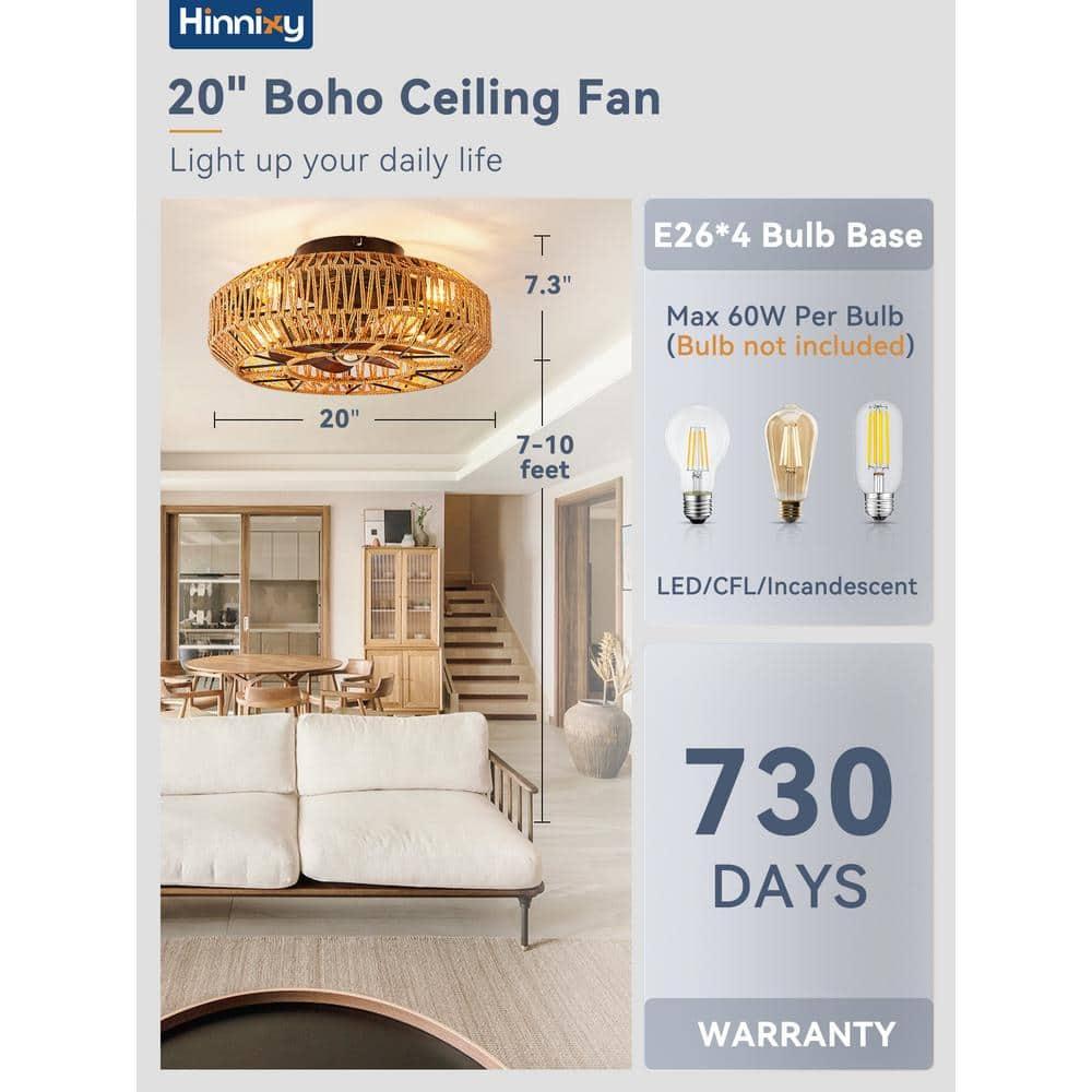 20'' Boho Rattan Caged Ceiling Fan with Light and Remote, Farmhouse Flush Mount Boho Ceiling Fan Light Low Profile Bladeless Ceiling Fan Timing 6 Speeds Reversible, Brown