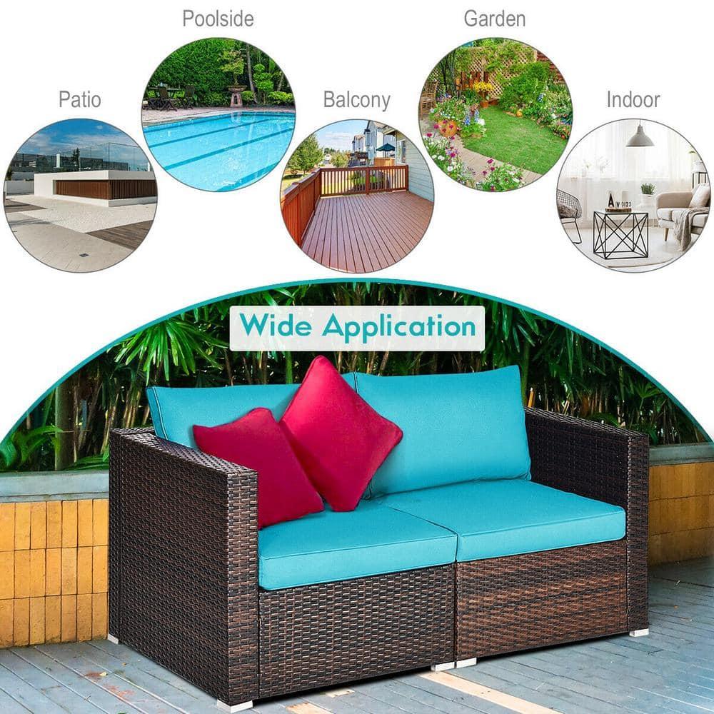 Costway 2PCS Patio Rattan Corner Sofa Sectional Furniture Blue Cushion