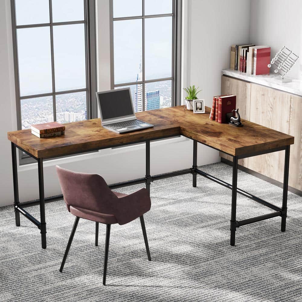 Tribesigns 67 inch L-Shaped Desk,Industrial L Desk, Reversible Corner Computer Office Desk Study Table Workstation with Pipe Legs for Home Office(Brown)