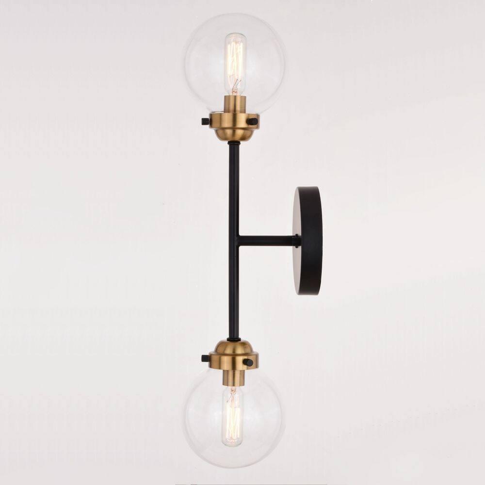 Vaxcel Orbit 2 Light Brass and Oil Rubbed Bronze Industrial MCM Wall Sconce Clear Glass Globe