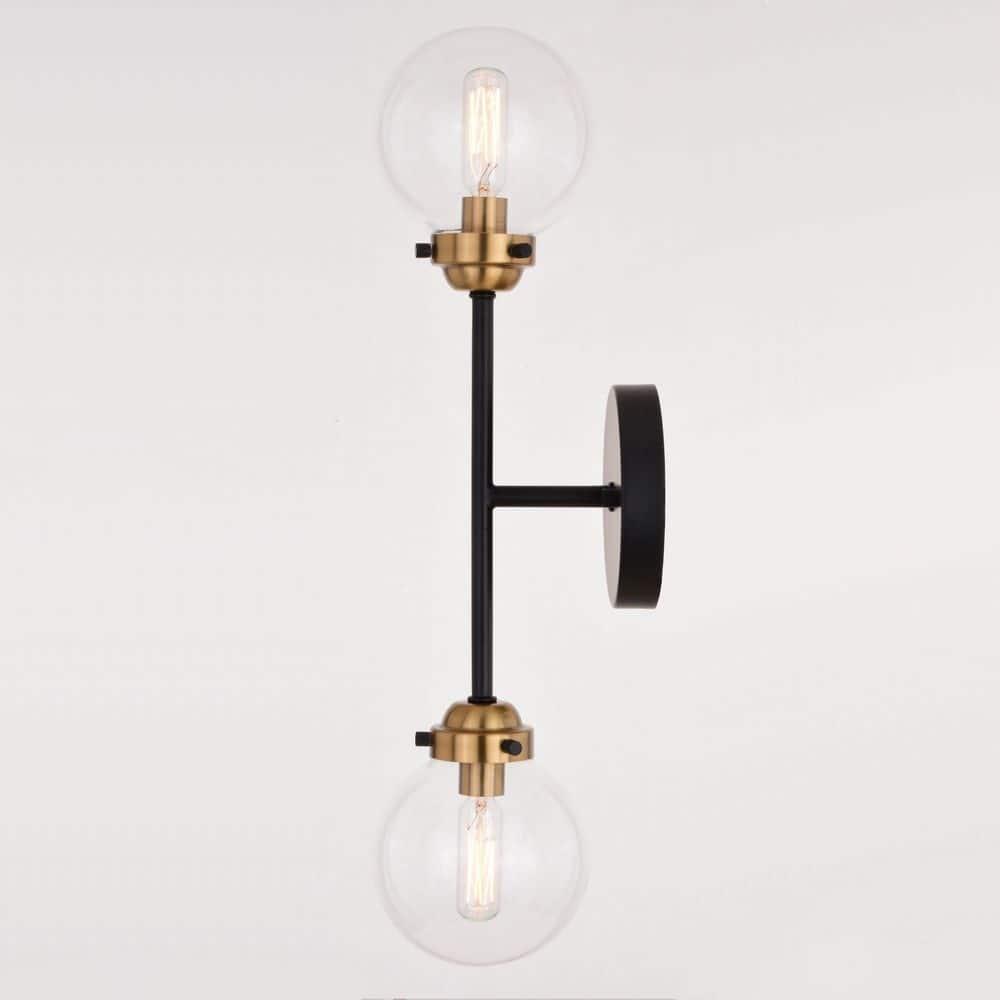 Vaxcel Orbit 2 Light Brass and Oil Rubbed Bronze Industrial MCM Wall Sconce Clear Glass Globe