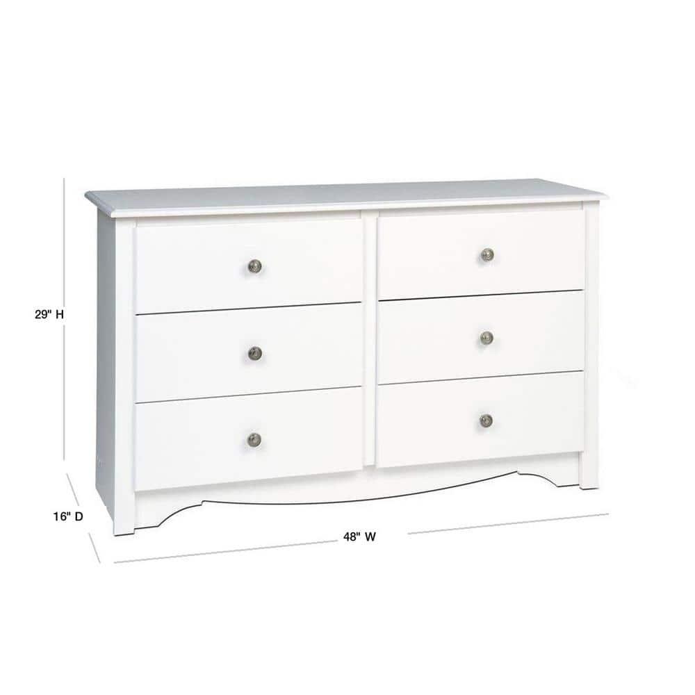 Prepac Monterey Dresser White: 6-Drawer Storage, Wood Composite, Bedroom Furniture, 29"H x 48"W