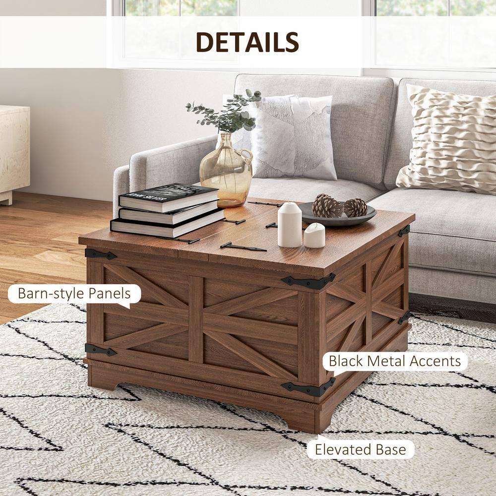 HOMCOM Farmhouse Coffee Table with Flip Top, Hidden Storage Compartment, Square Center Table for Living Room, Distressed Brown