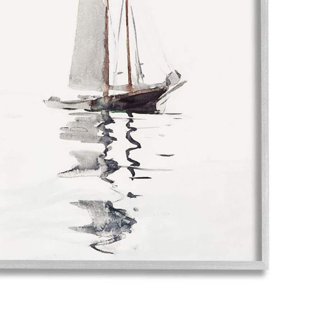 Stupell Industries Tranquil Sailboat Vessel Floating Lone Ocean Reflection Painting Gray Framed Art Print Wall Art, Design by Lettered and Lined
