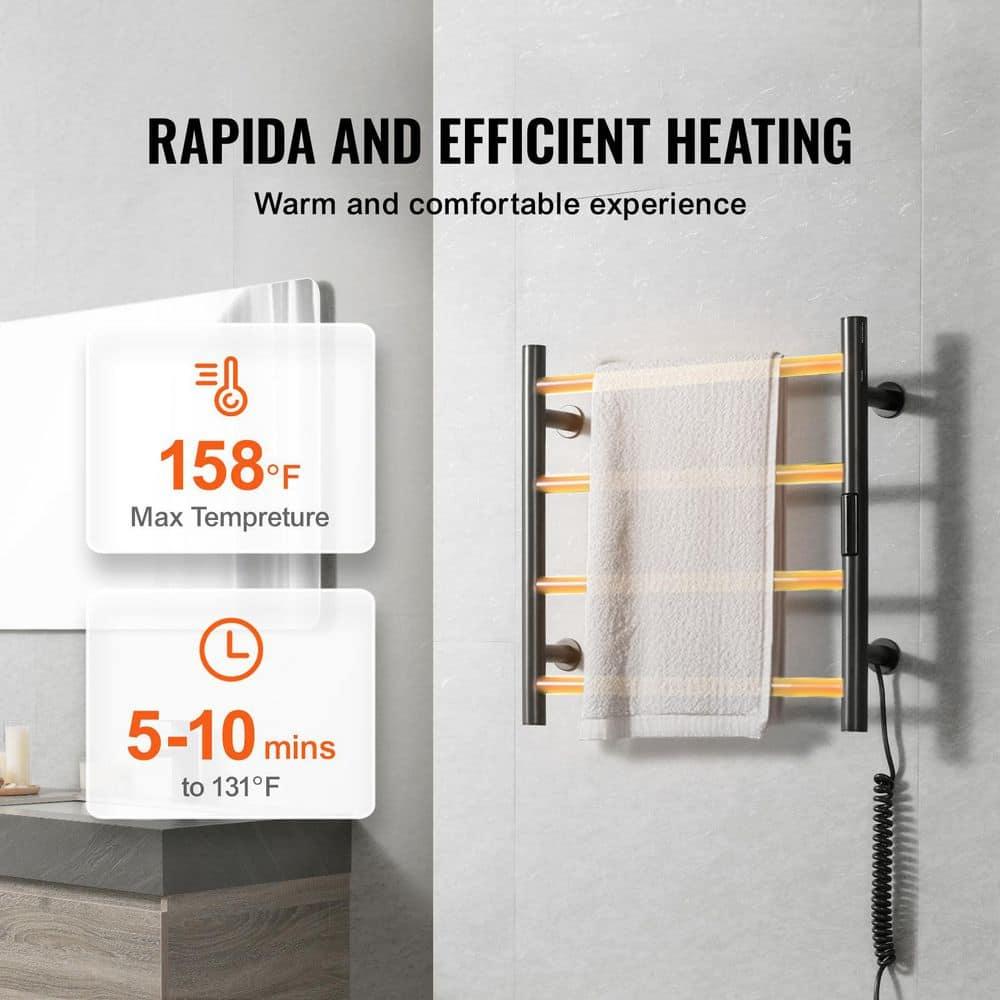 VEVOR 4 Bars Towel Warmer Rack, Wall Mounted Heated Towel Rack for Bathroom, IPX5 Waterpoof Towel Heater Rack with Timer & Display Screen, Black