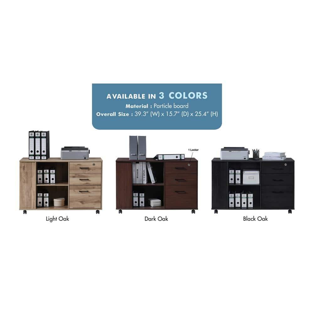 AndMakers 3-Drawer 39in. W Rolling Lateral Walnut Filing Cabinet with Locker and Open Storage Shelves for Home Office and Kids Room