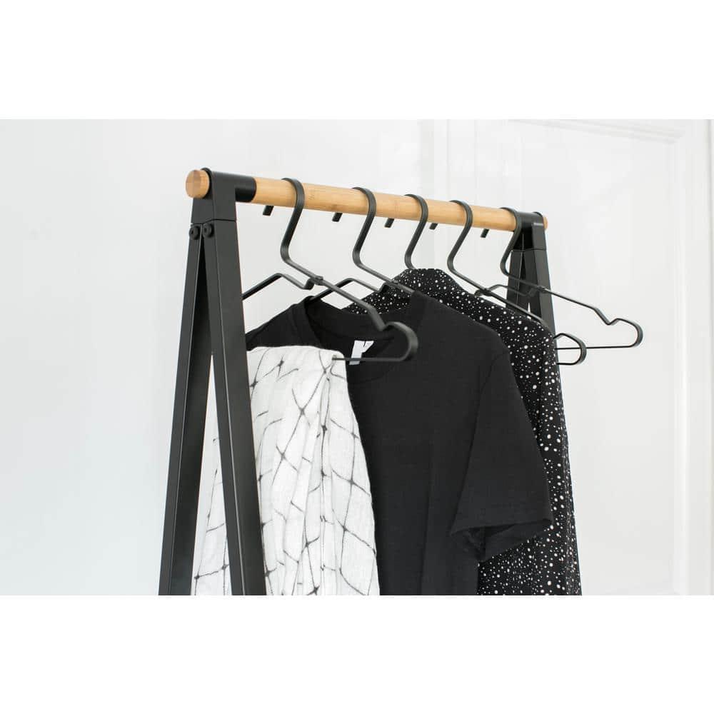 Black Steel and Bamboo Freestanding Garment Rack with Adjustable Shelves