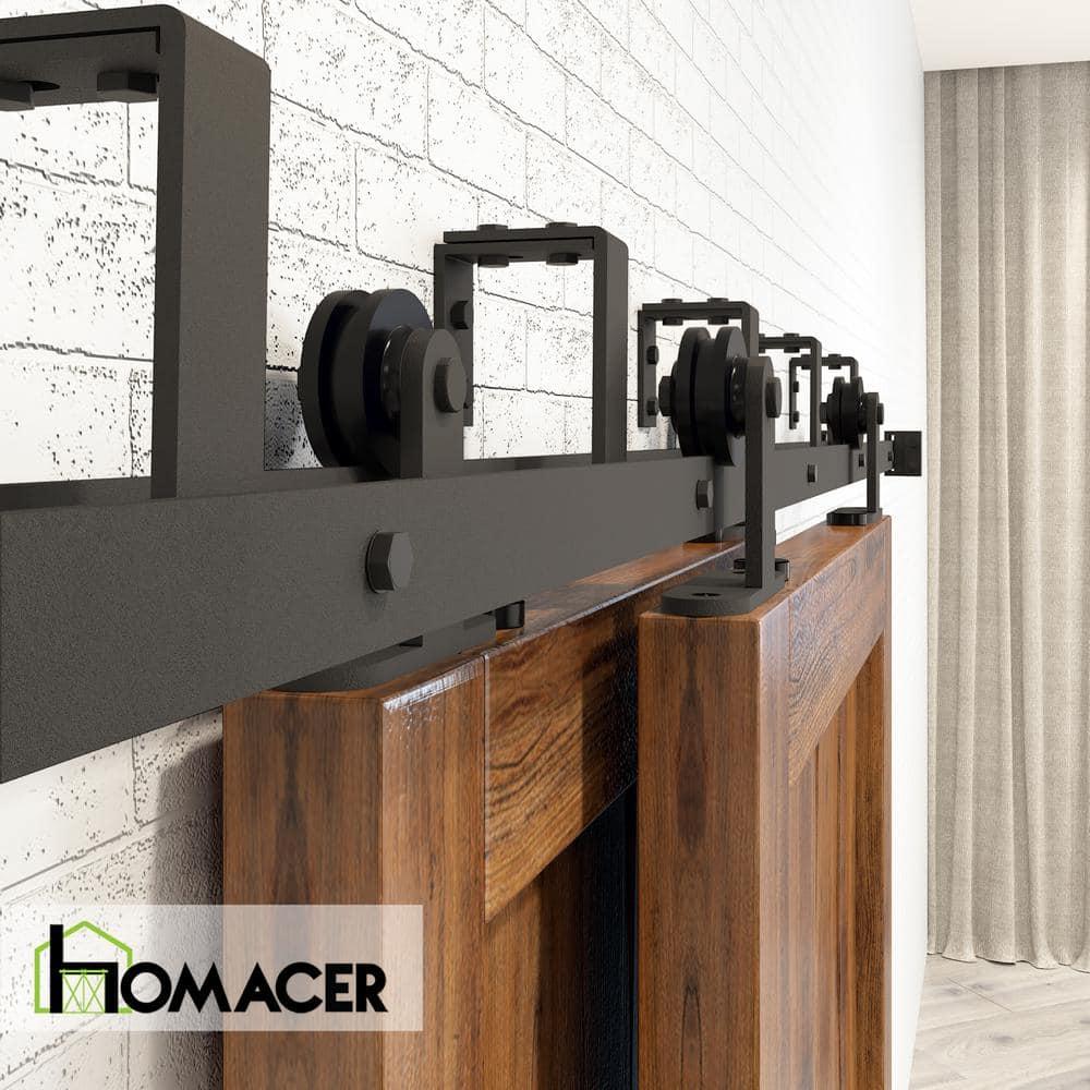 Homacer Black Rustic Double Track U-Shape Bypass Sliding Barn Door Hardware Kit, for Two/Double Doors, 7ft Long Flat Track, T-Shape Design Roller, Heavy Duty, for Interior & Exterior Use