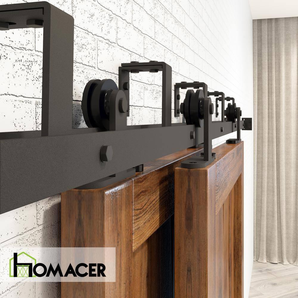 Homacer Black Rustic Double Track U-Shape Bypass Sliding Barn Door Hardware Kit, for Two/Double Doors, 12ft Long Flat Track, T-Shape Design Roller, Heavy Duty, for Interior & Exterior Use
