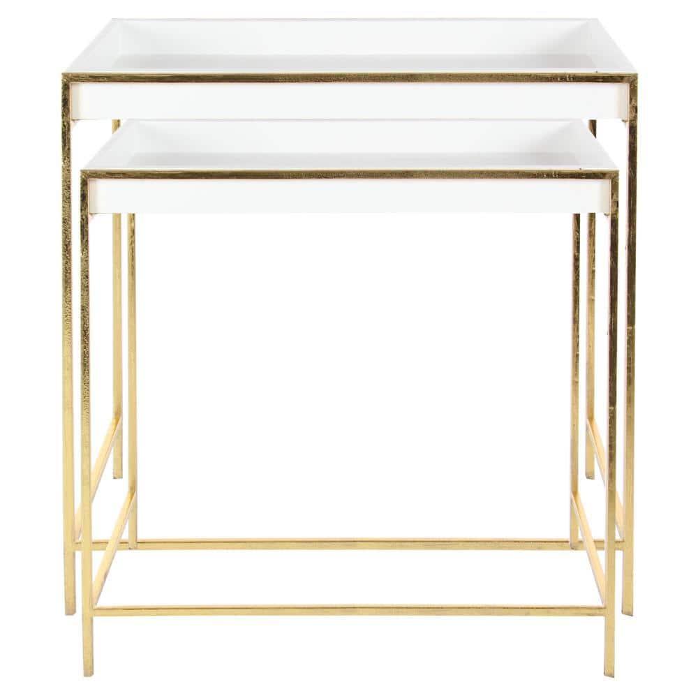 Mercer41 Blaine Wooden Nesting Tray Top Geometric Side End White Accent Table with Gold Metal Legs Set