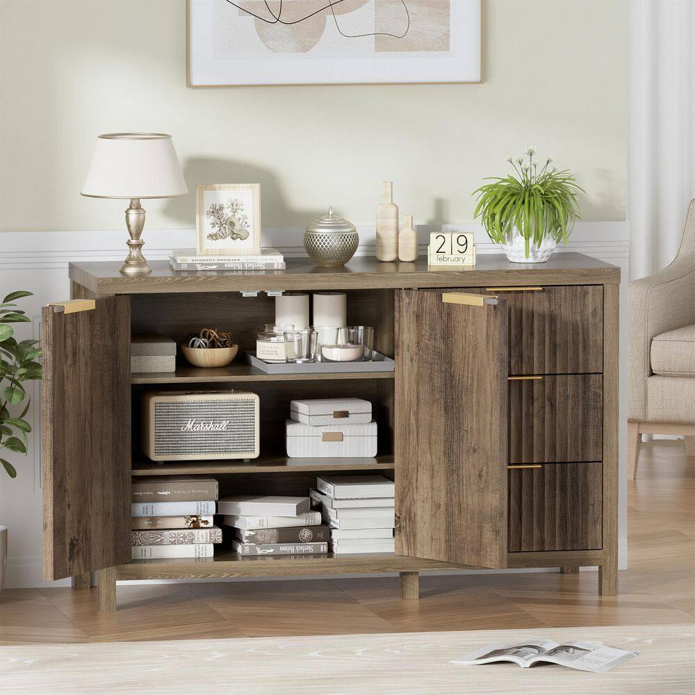 47" Brown MDF Wood Sideboard Buffet Cabinet with Grooved Doors and Drawers