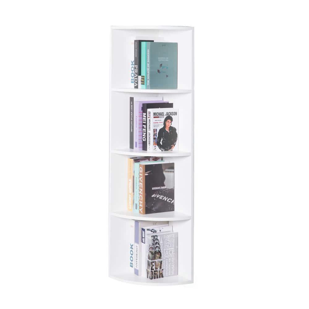 Basicwise Durable 4-Tier Wooden Corner Bookshelf, Perfect for Tiny Home, Office Space, Shelves for Bedroom, Classroom, & Library Shelving Needs, White