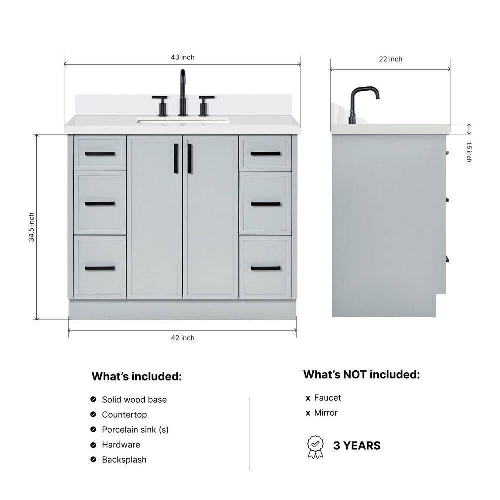 Ariel Kelly 43 Inch Single Rectangular Sink Bathroom Vanity With Quartz Countertop