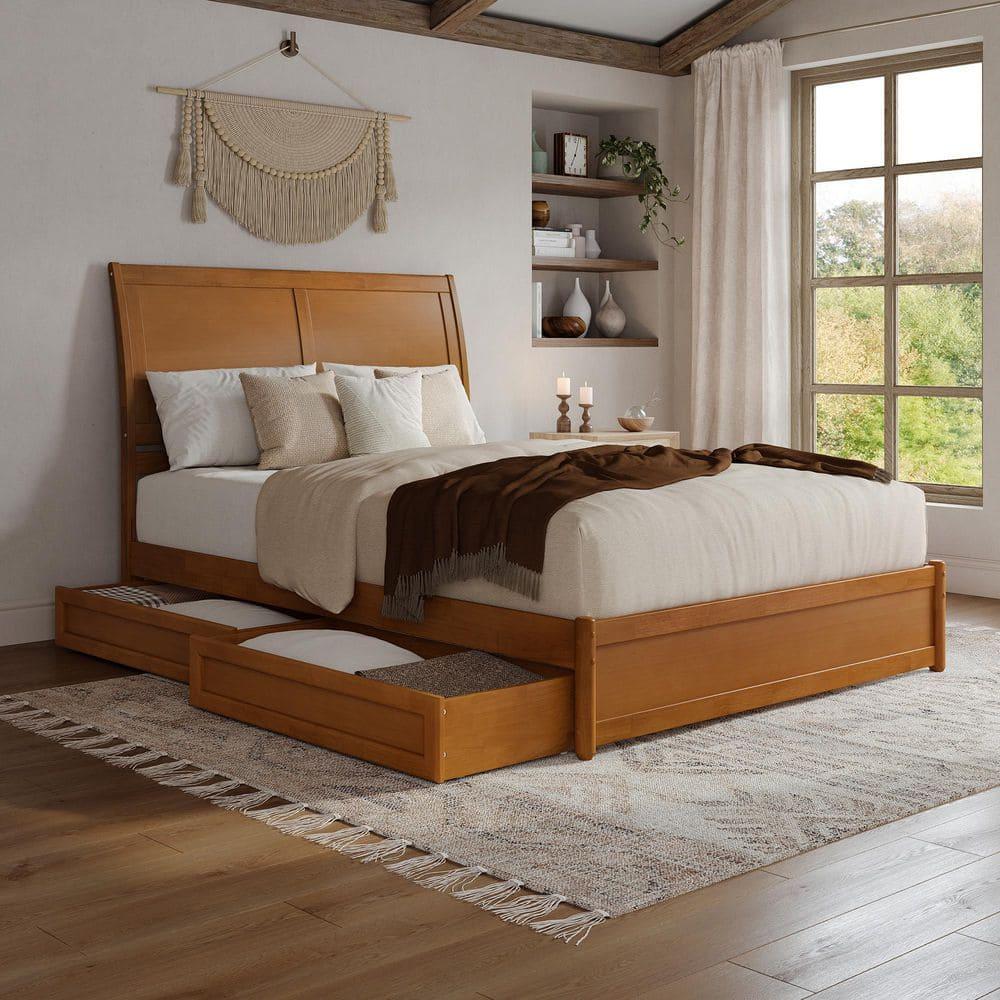 AFI, Andorra Queen Platform Bed with Panel Footboard and Storage Drawers, Light Toffee