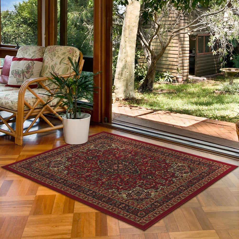 Ottohome Non-Slip Medallion Oriental Area Rug For Living Room, Hallway, Entryway Rug, Dark Red