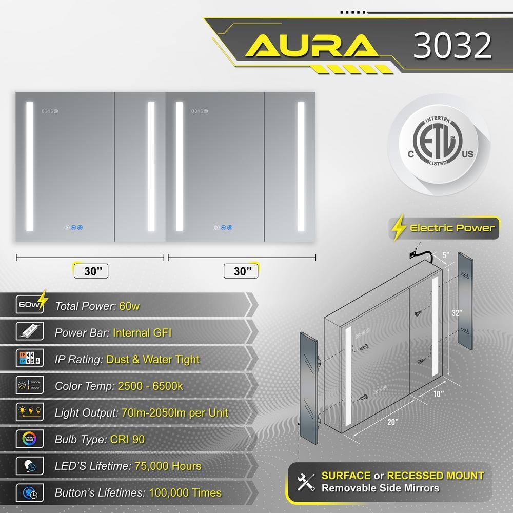 DECADOM LED Mirror Medicine Cabinet Recessed or Surface, Dimmer, Clock, Room Temp Display, Dual Outlets (Duna 36x32)