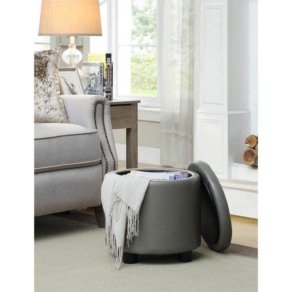 Designs4Comfort Round Accent Storage Ottoman with Reversible Tray Lid, Taupe Gray Faux Leather