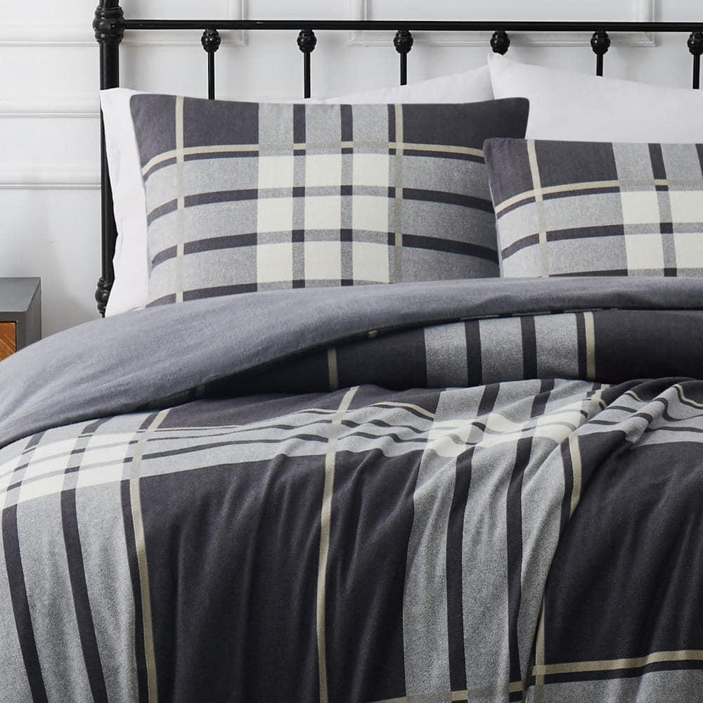 2pc Twin/Twin Extra Long Milo Plaid Flannel Duvet Cover Set Gray - Truly Soft: Cotton Material, 180 Thread Count, Includes Sham