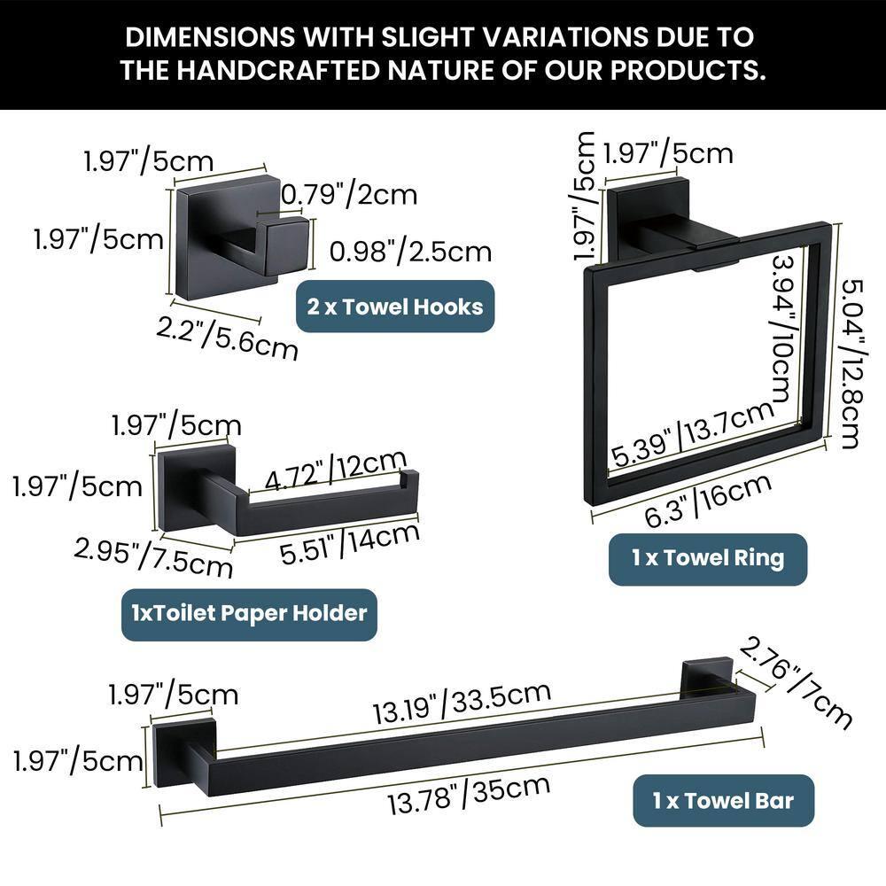Stainless Steel Matte Black Bathroom Hardware Accessories - 5 Piece Set with 16 inch Square Towel Bar, Towel Rack & Holder