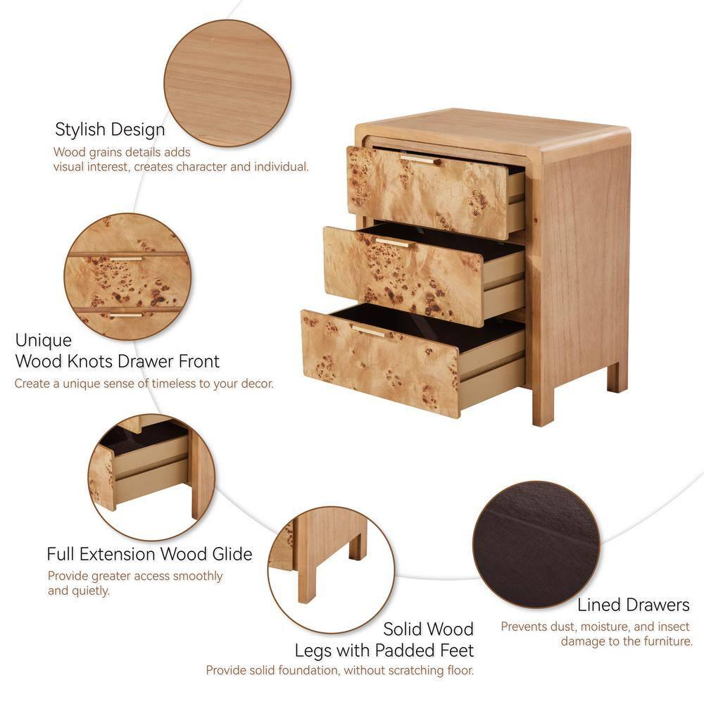 COZAYH Farmhouse 3 Drawer Dresser, Rustic Vintage Nightstand, Home Bedroom Wooden Side Table Burl Finish Vintage Accent, Natural