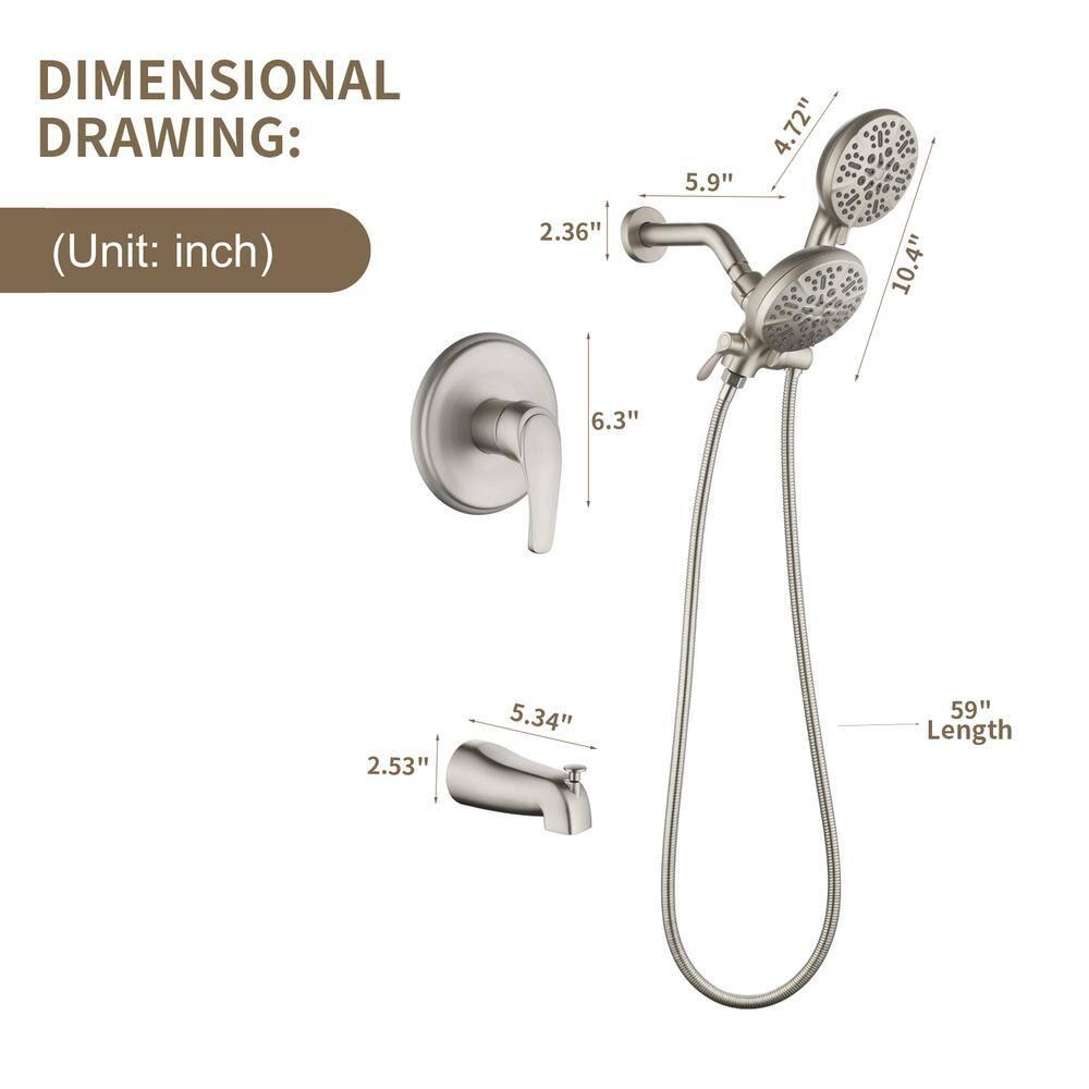 Shower Tub Kit Dual Shower System with Tub Spout Tub and Shower Faucet Set Complete Dual Shower Head and Handheld Combo Set Tub and Shower Trim Kit Brushed Nickel