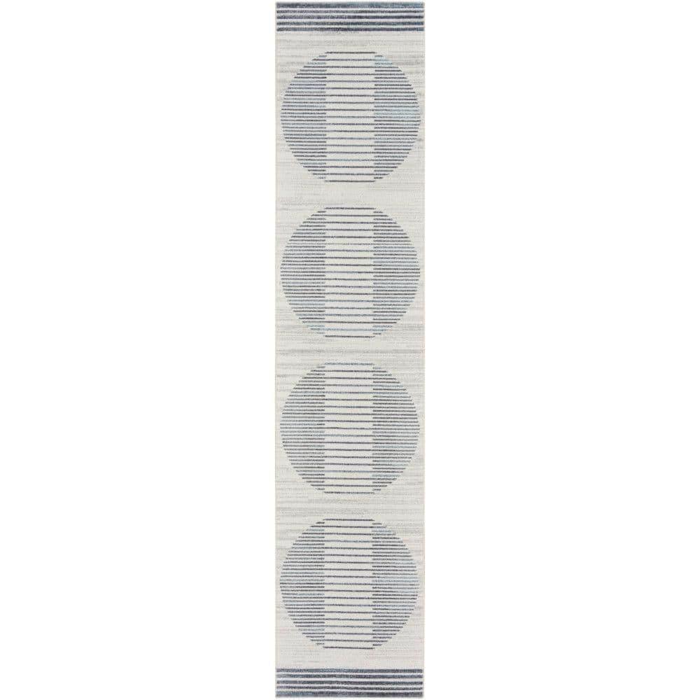 Nourison Astra Machine Washable Stripe Circle Mid-Century Modern Indoor Bathroom, Kitchen Runner Rug Ivory Blue 2'2" x 10'