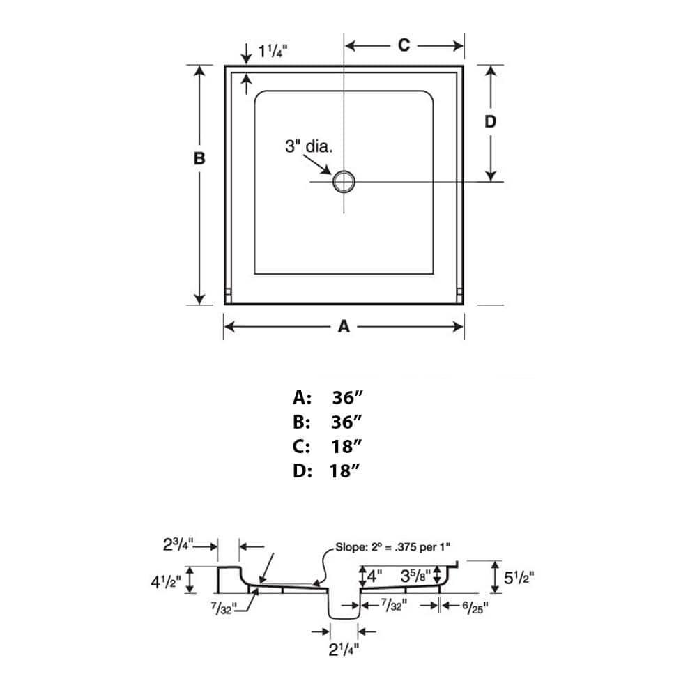 36'' W 36'' D Square Single Shower Base