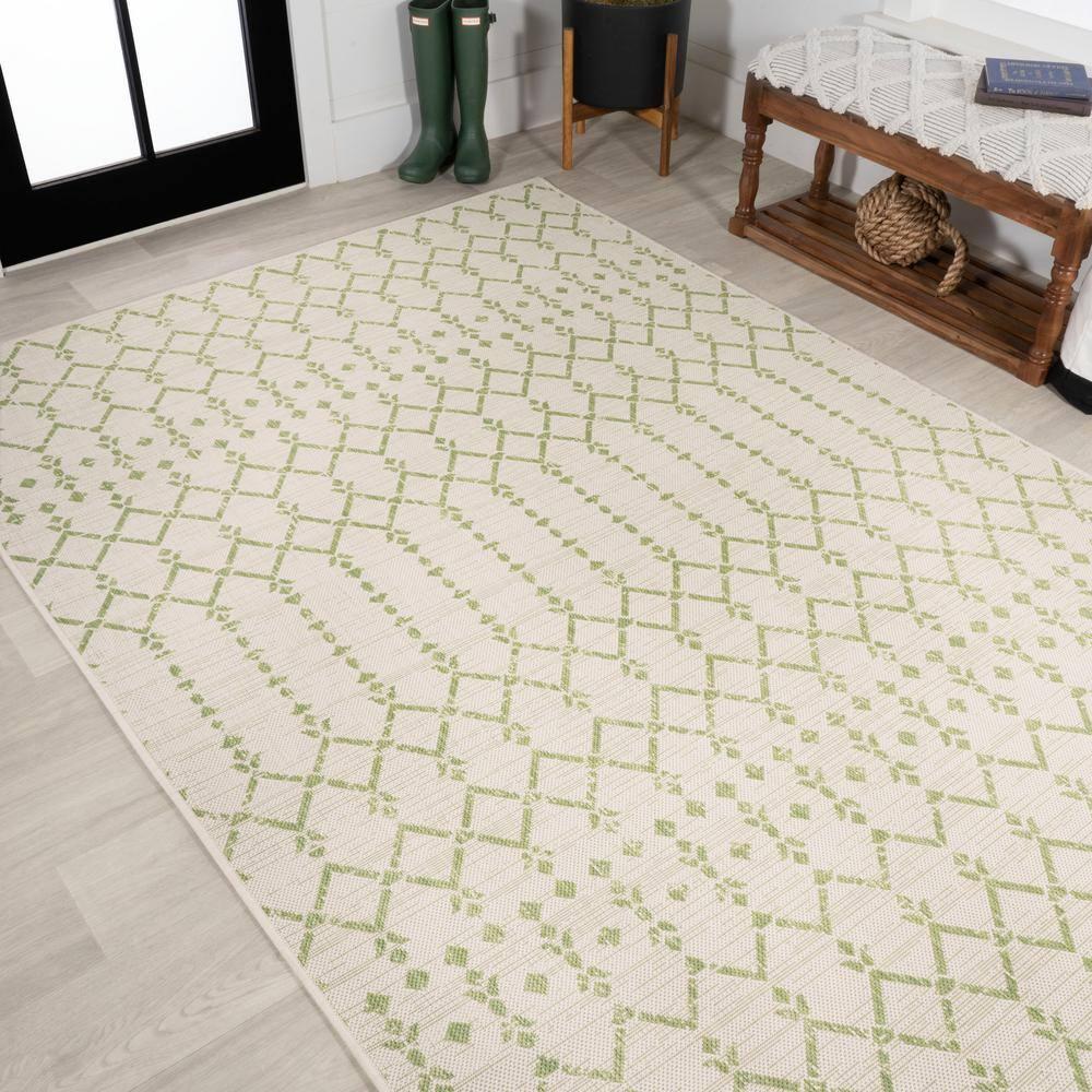 3' x 5' Ourika Moroccan Geometric Textured Weave Indoor/Outdoor Area Rug, Cream/Green - JONATHAN Y