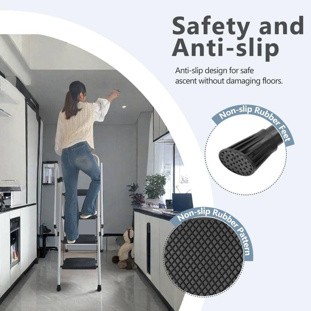 White Four-Step Ladder, Light Folding Four-Step Stool, Wide Anti-Skid Pedal and Safety Handle, Strong Steel Ladder, Multi-Purpose Ladder, Applicable to Family, Kitchen, Office Elevator