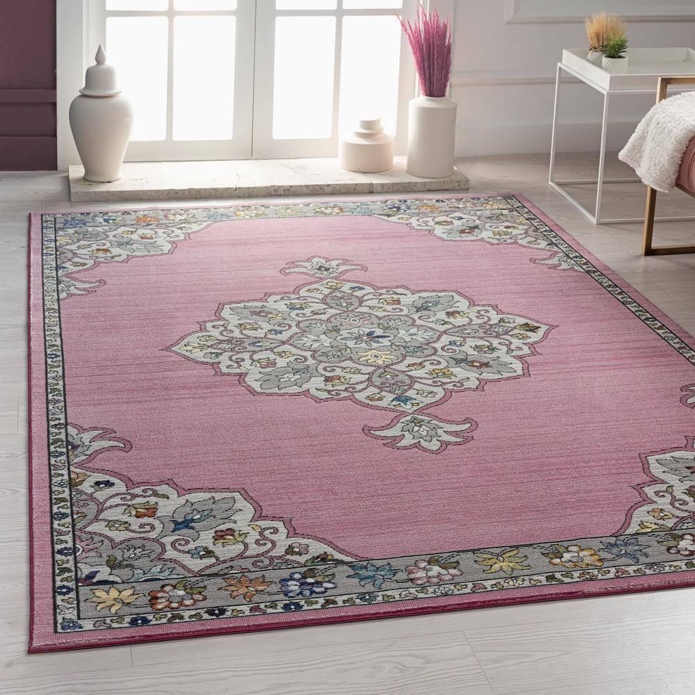 LR Home Ada 5' x 7'6" Pink Medallion Durable Indoor Area Rug