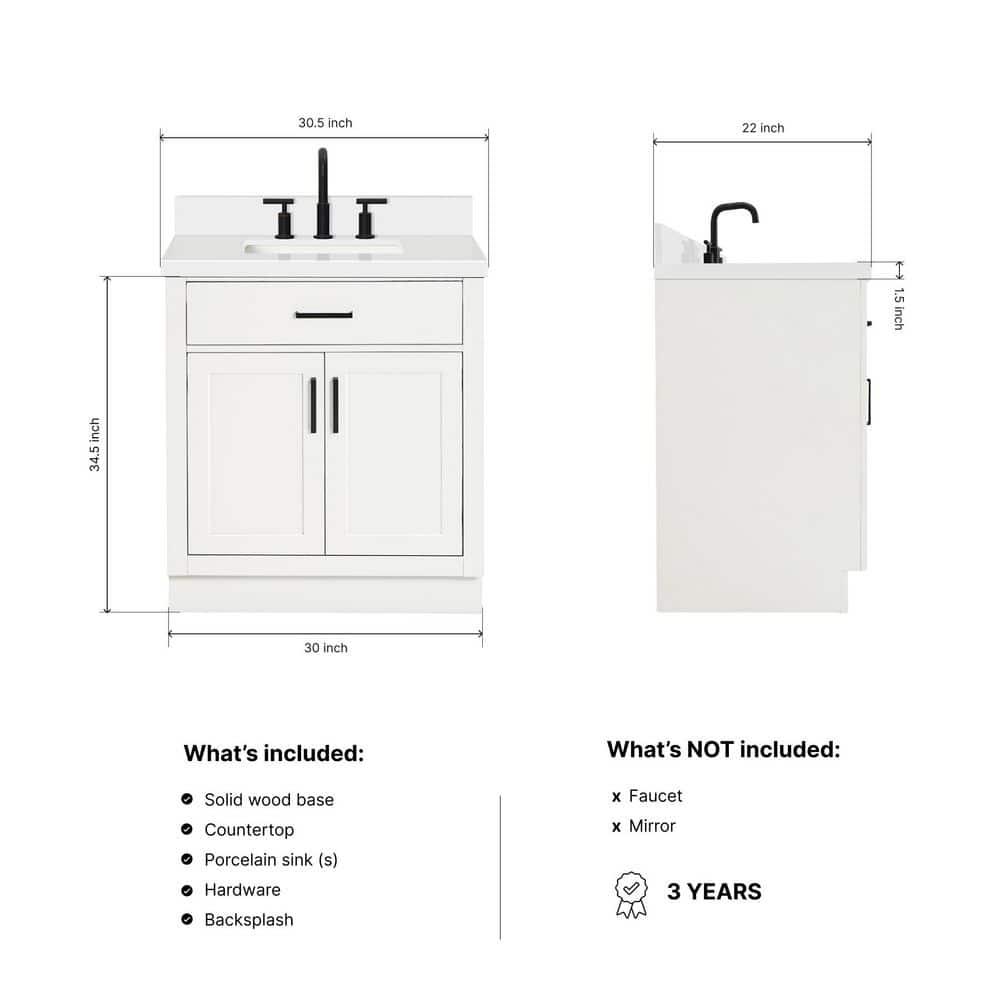 Thornaby 30'' Solid Wood Single Bathroom Vanity with 1.5'' White Quartz Top, Oval Sink