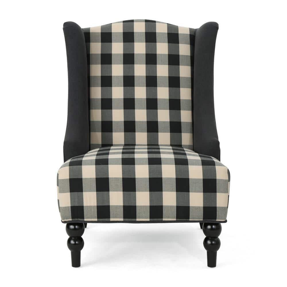 Noble House Charles Fabric High-Back Wingback Chair, Black Checkerboard
