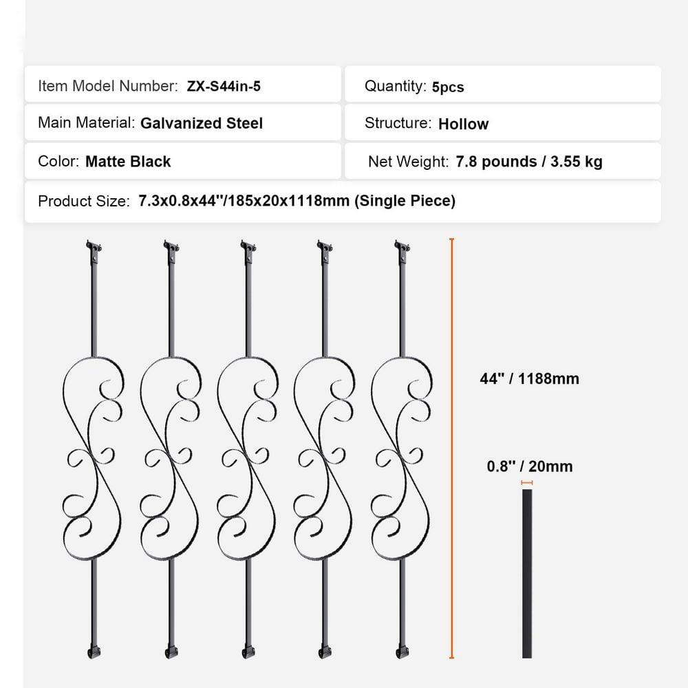 Staircase Metal Balusters, 44'' x 1/2" Galvanized Steel Decorative Banister Spindles, 10 Pack Deck Baluster with Hollow Twists, Satin Black Spiral Stair Railing with Shoes & Screws