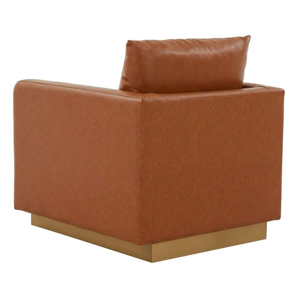 LeisureMod Nervo Accent Arm Chair Upholstered in Faux Leather with Gold Stainless Steel Frame in Cognac Tan