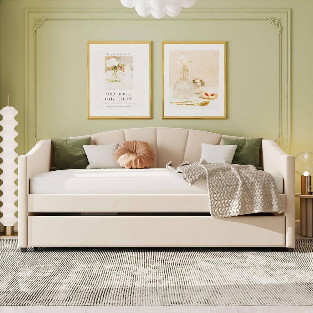 Upholstered Daybed with Trundle, Modern Twin Size Tufted Velvet Upholstered Daybed Frame with Wood Slat Support, Dual-use Platform Bed Sofa Bed with Wingback and Armrests for Living Room Bedroom Beige
