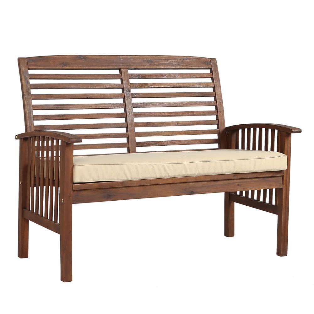 Walker Edison Rendezvous Modern Solid Acacia Wood Patio Loveseat with Cushions, 47 Inch, Dark Brown