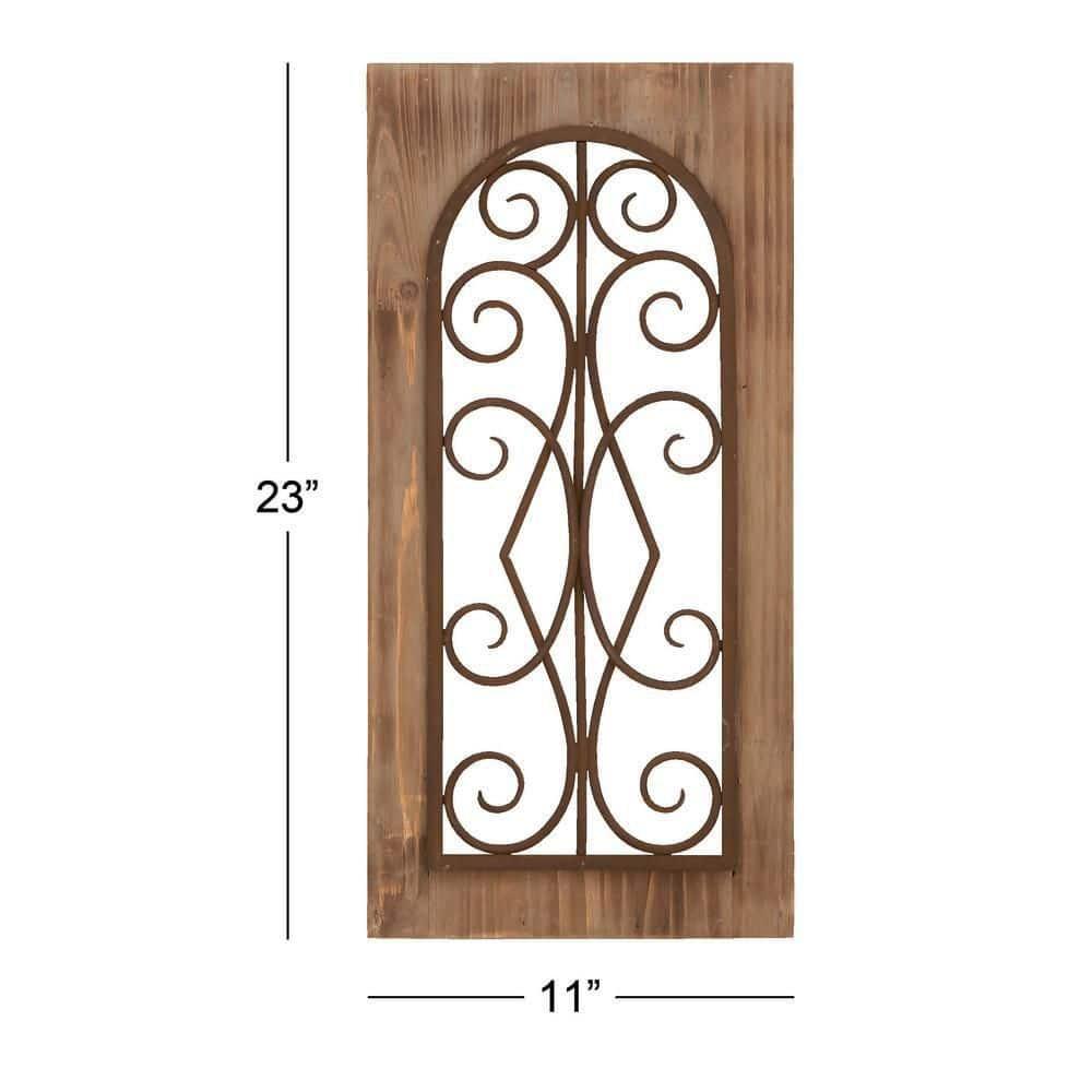 Deco 79 Wood Scroll Home Wall Decor Window Inspired Wall Sculpture with Metal Scrollwork Relief, Wall Art 11" x 2" x 23", Brown