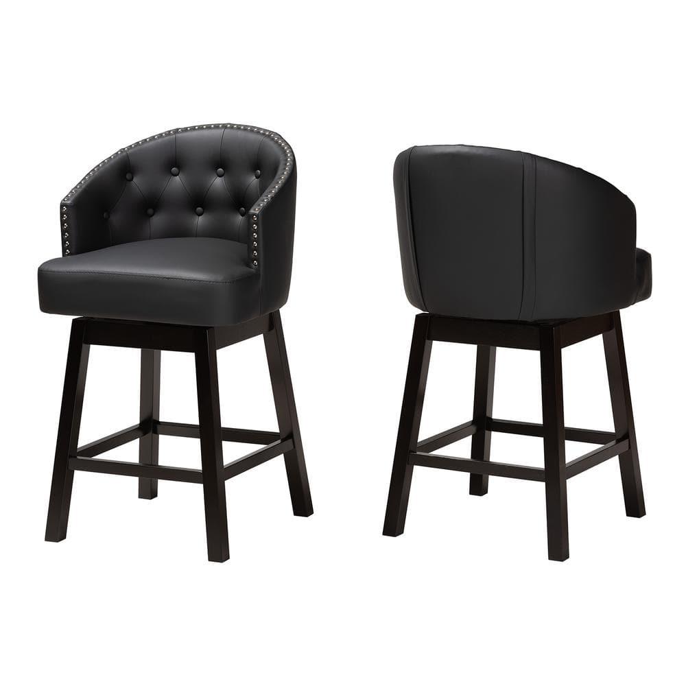 2pc Theron Faux Leather & Wood Swivel Counter Height Barstool Set with Nailhead Trim - Baxton Studio