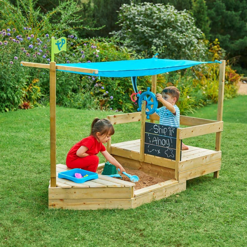 TP Ahoy Wooden Sandbox Pirate Ship Play Boat with Canopy – Kids Outdoor Sand & Water Toy with Captain’s Wheel, Blackboard, Splash Bowl & Storage | FSC Certified | Compact & Space-Saving Design