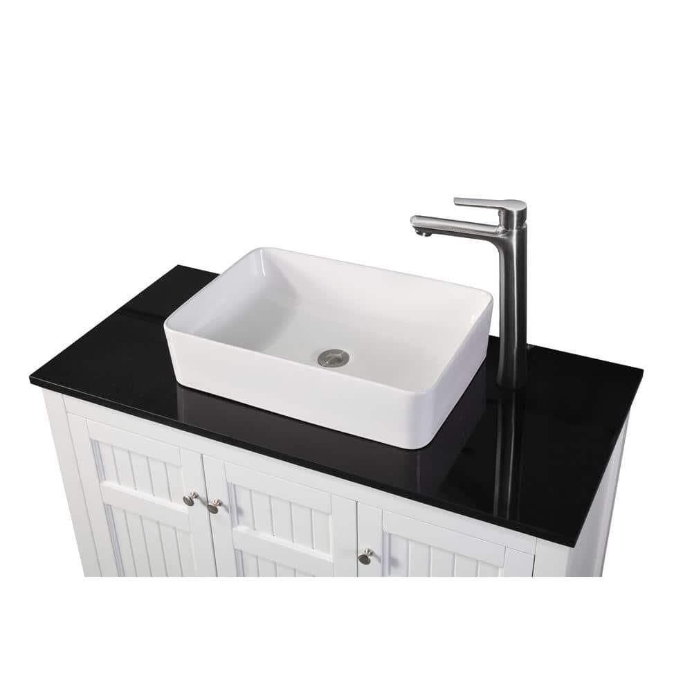 Benton Collection 42" Triadsville White Vanity with Black Granite Top, Vessel Style Bathroom Sink, Soft-Closing Doors, Full Extension Drawer, Brushed Nickel Hardware