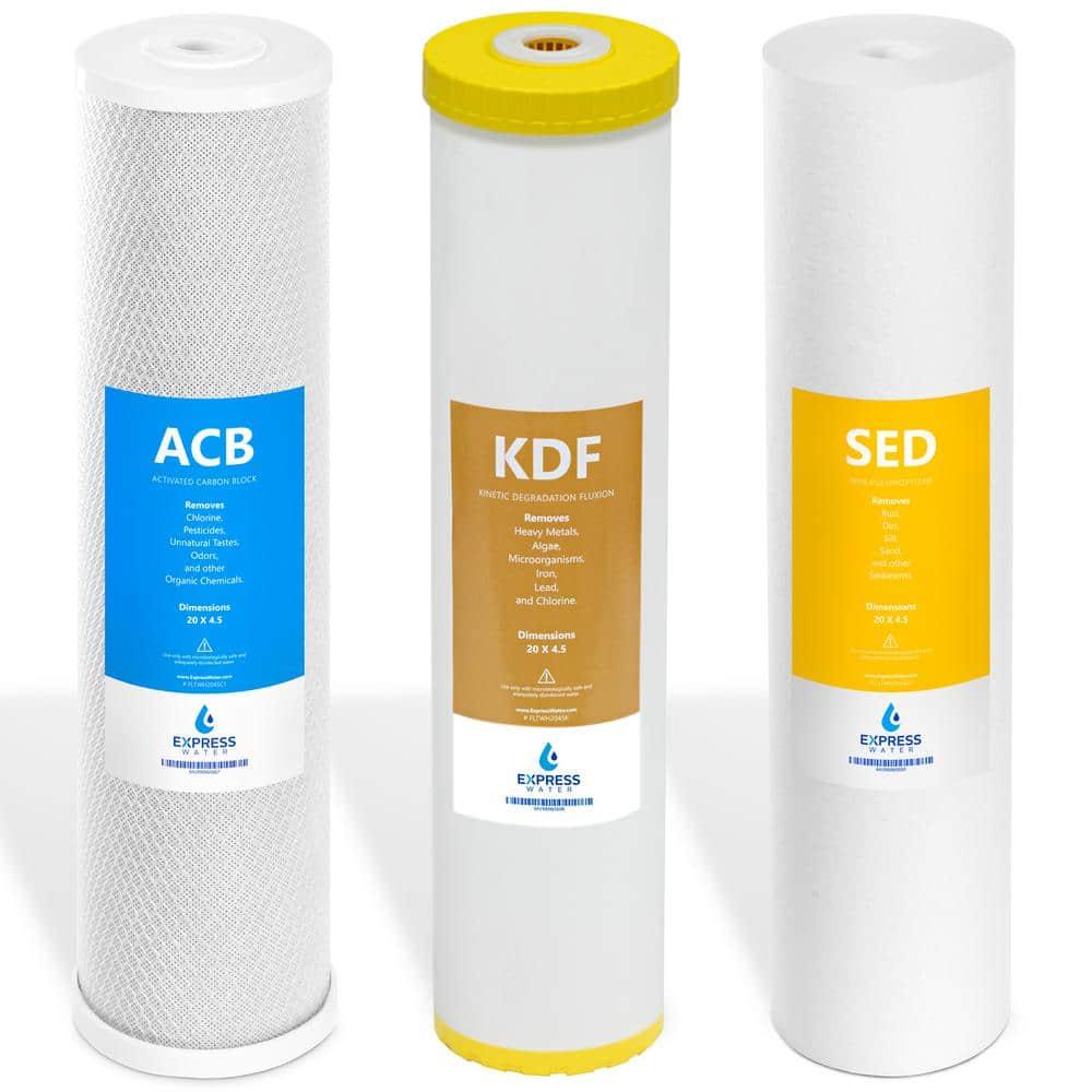 Express Water – Whole House Heavy Metal Water Filter Set – 3 Stage Filtration Replacement Kit – Sediment, Carbon Block, KDF High Capacity Cartridge – 5 Micron – 4.5” x 20” inch